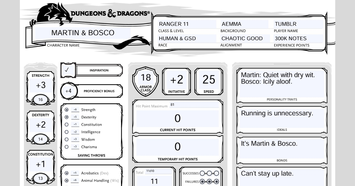 A header from Martin and Bosco’s classic D and D 5e character sheet.